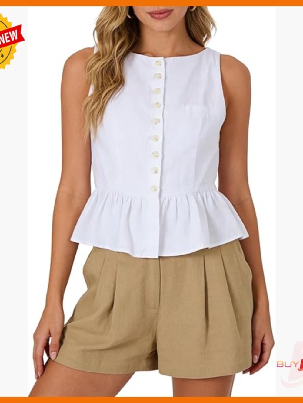 100% Linen Sleeveless Top Button Down Ruffle Hem Babydoll Blouse
